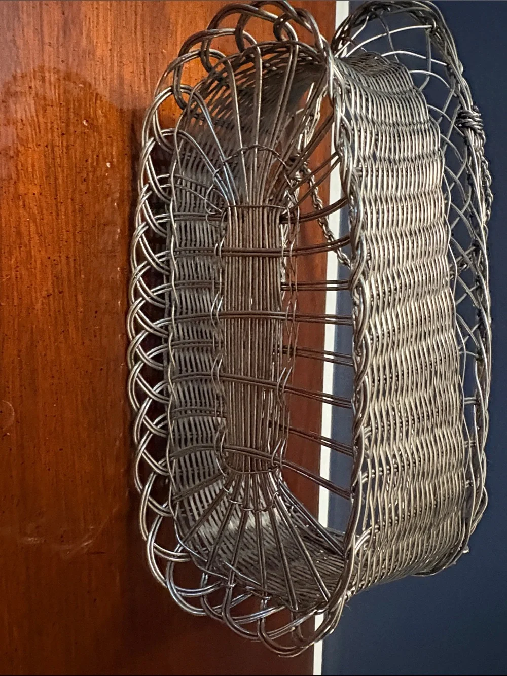 French Inspired Silver Woven Metal Oval Serving Basket with Wine Basket Set